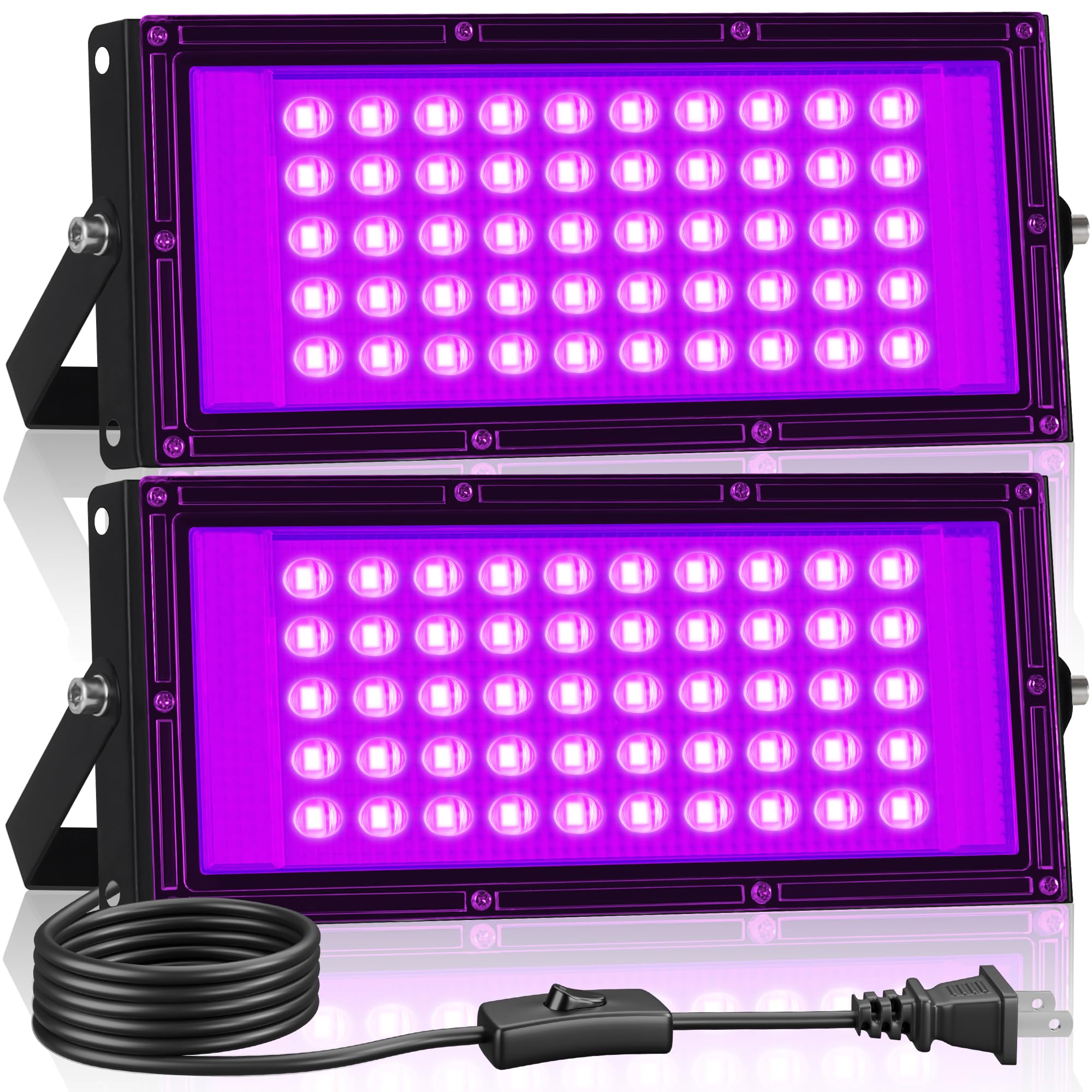 Linstaine 2 Pack 50W Black Light floodlight shows vivid glow for outdoor parties.
