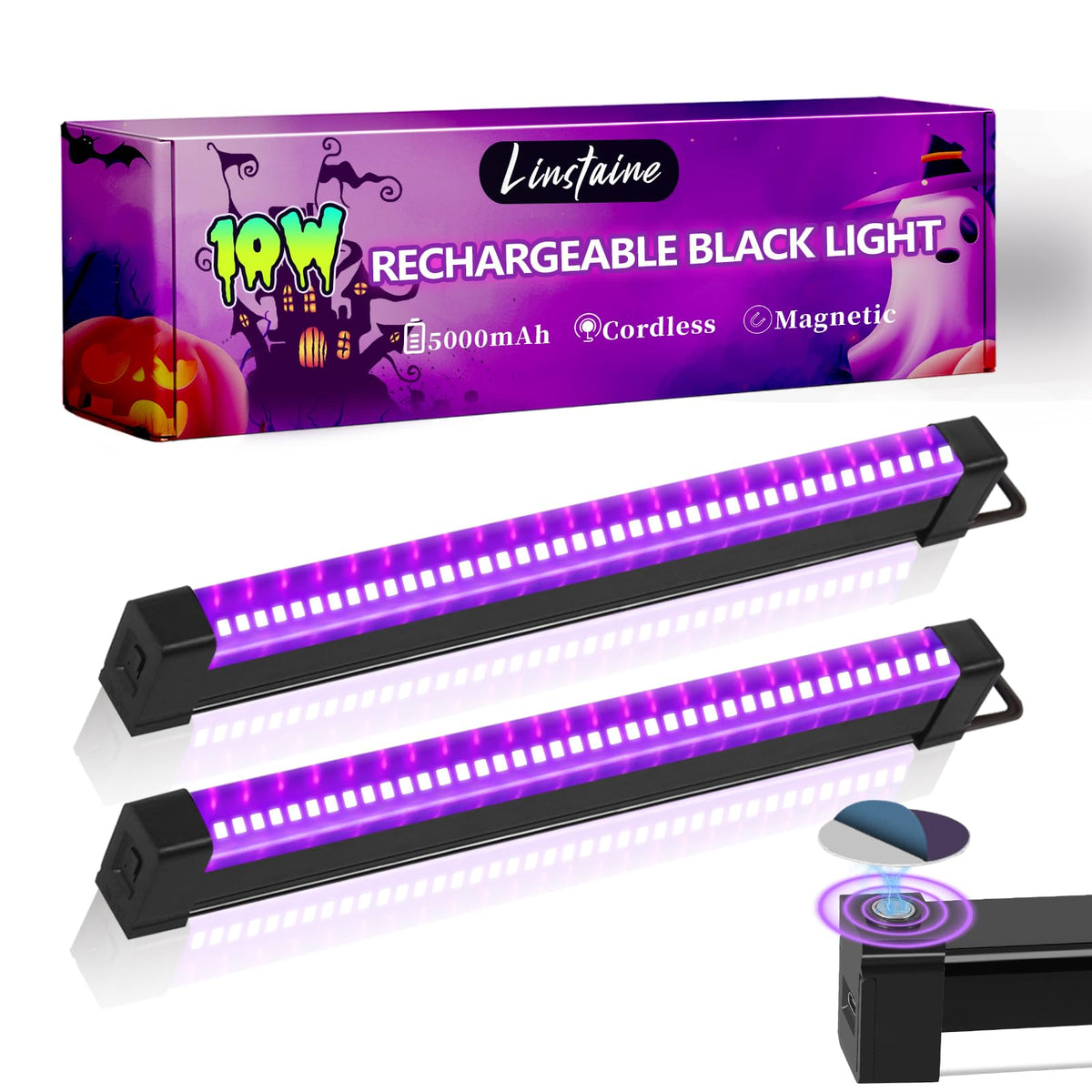 Linstaine 2-pack rechargeable black light bar for cordless glow parties.