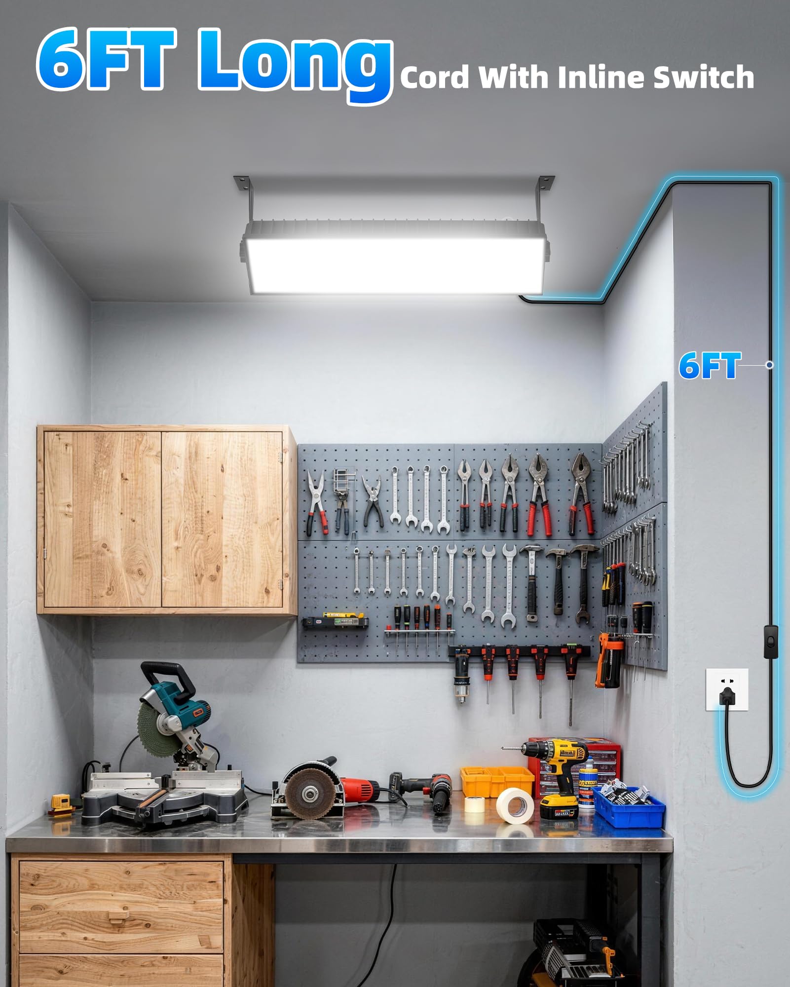 Linstaine shop lights connected with a handy 6 ft power cord.
