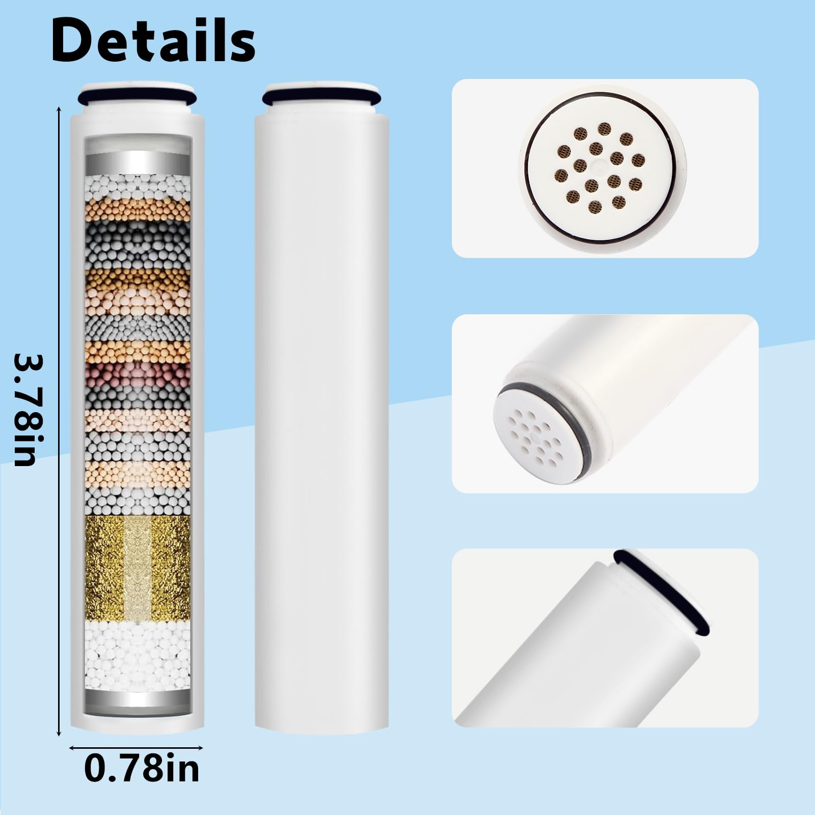 Linsuely Cobbe filters side view, designed to reduce heavy metals for clearer shower water