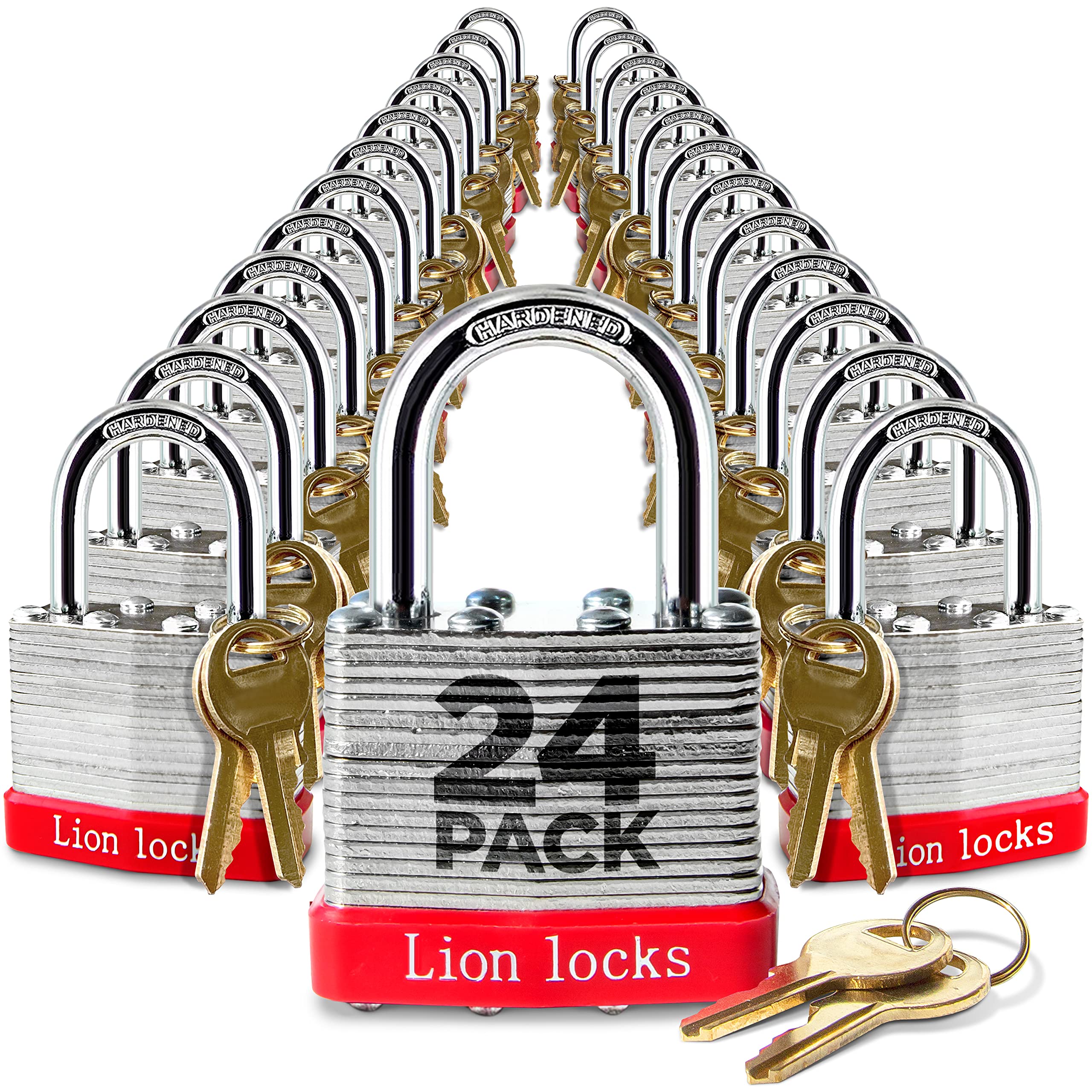 Lion Locks 24-keyed-alike padlock closeup with 1.25-inch shackle for easy key management