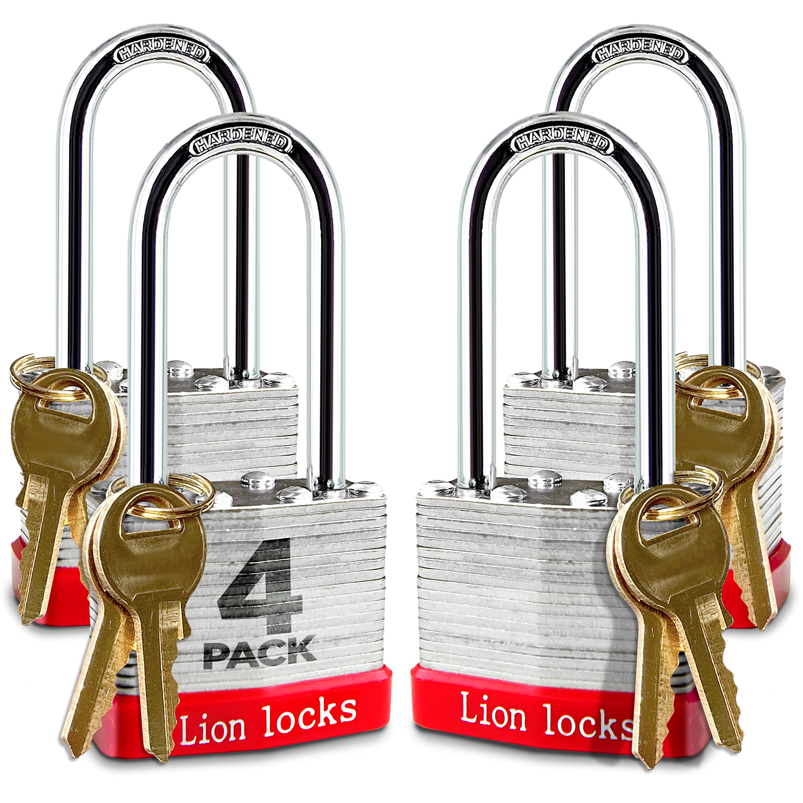 Lion Locks four keyed-alike padlocks with 2-inch shackles simplify key management.