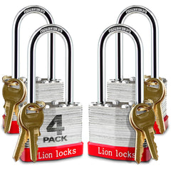 Lion Locks four keyed-alike padlocks with 2-inch shackles simplify key management.