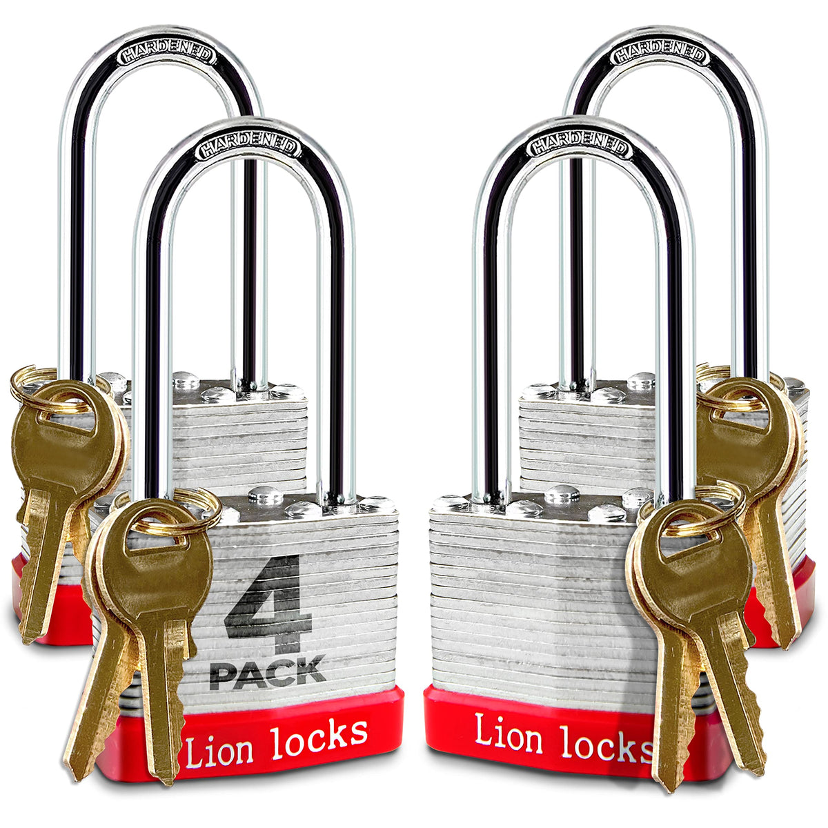 Lion Locks four keyed-alike padlocks with 2-inch shackles simplify key management.