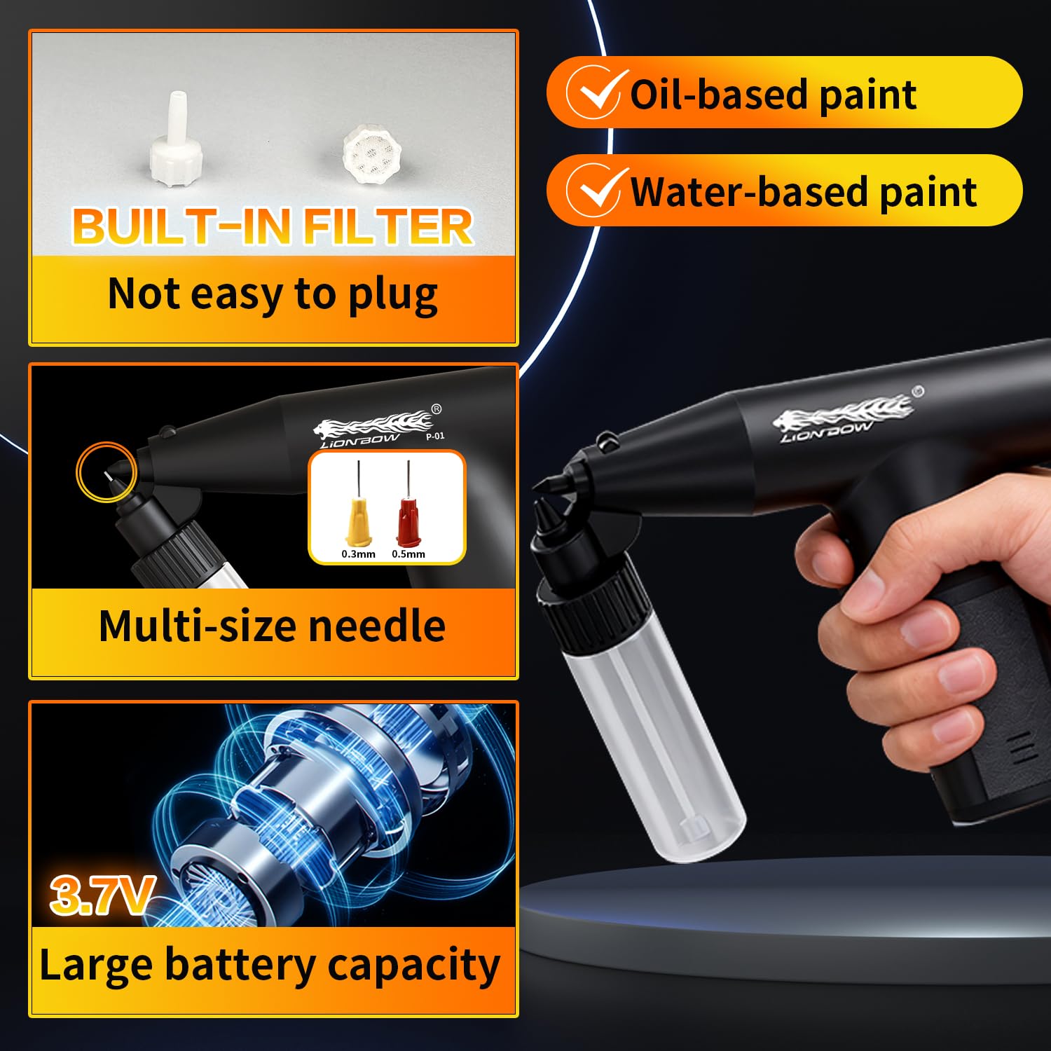 Lionbow six-nozzle set—suitable for different paint types and finishes.