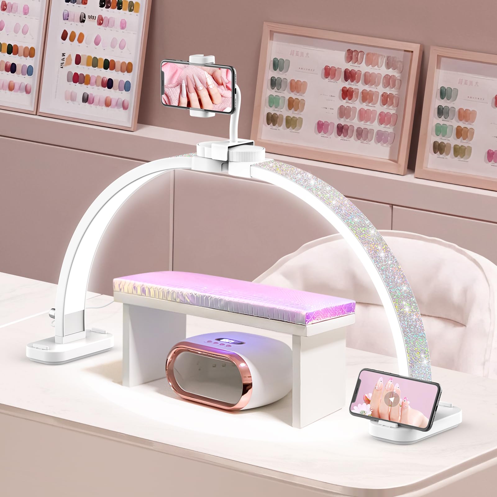 LIONVISION Half Moon Light on nail desk showing side view and even illumination