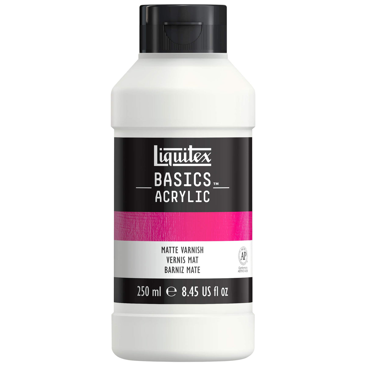 Liquitex BASICS Matte Varnish 250ml bottle—protects acrylic art with a clear, non-yellowing matte finish.