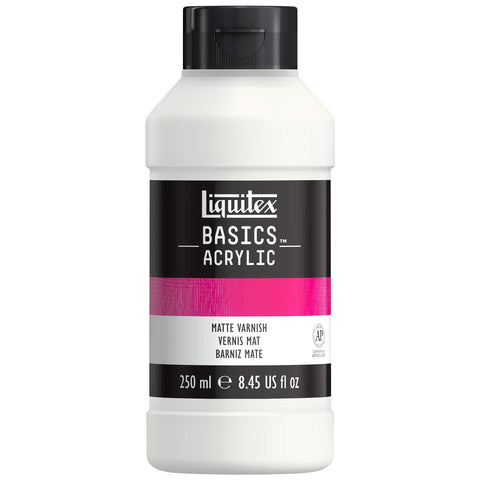 Liquitex BASICS Matte Varnish 250ml bottle—protects acrylic art with a clear, non-yellowing matte finish.