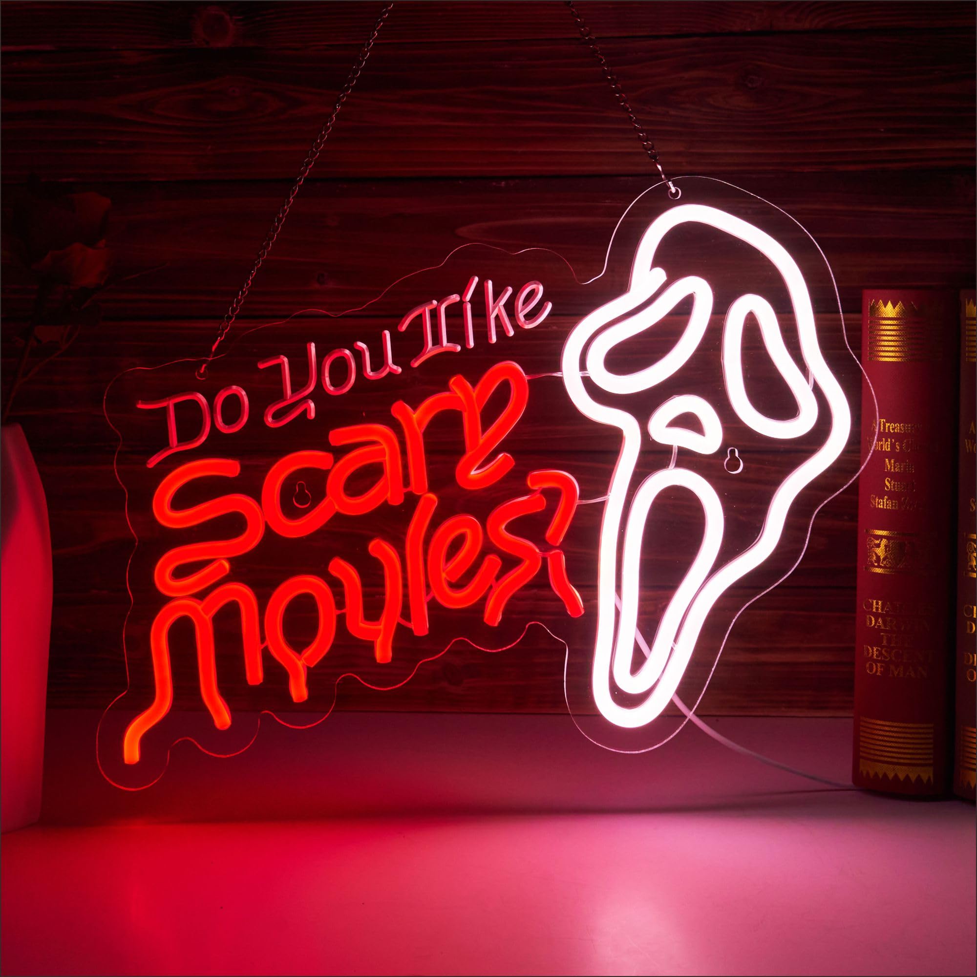 LIRUJUN Do You Like Scary Movies neon sign glowing on a gothic wall for home theater