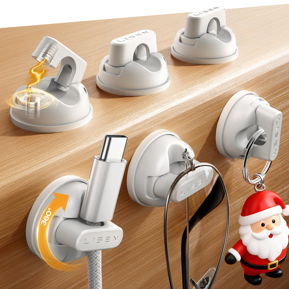 LISEN 360° rotating cord clip on nightstand keeps cables tidy and accessible.