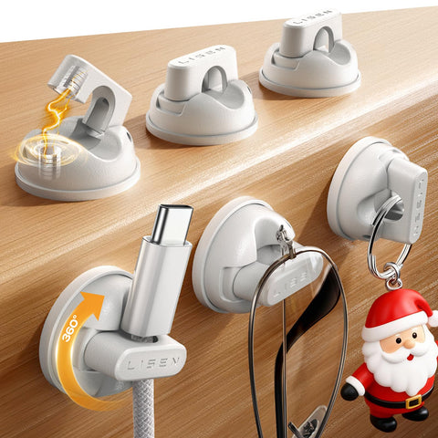 LISEN 360° rotating cord clip on nightstand keeps cables tidy and accessible.