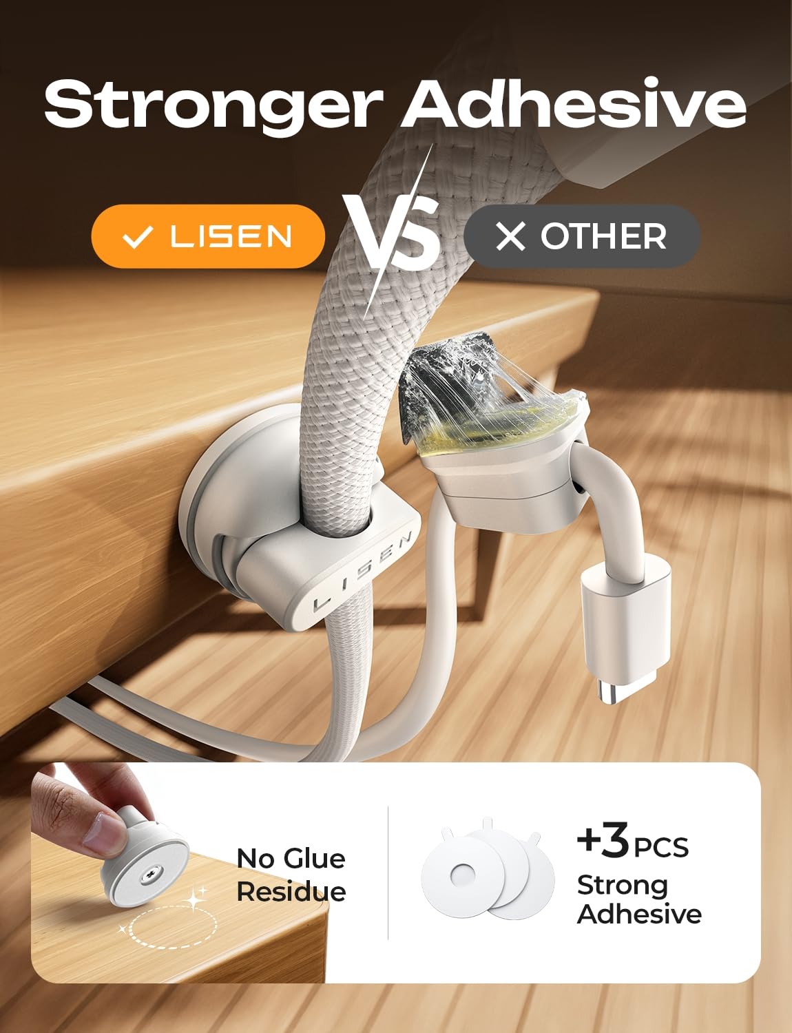 Six-pack of LISEN cord organizers for desks, walls, shelves, and cars.