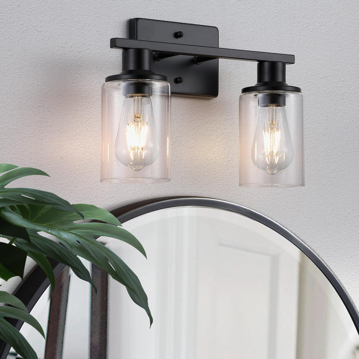 Litaddscen 2-light matte black bathroom vanity light with clear glass shades for modern spaces