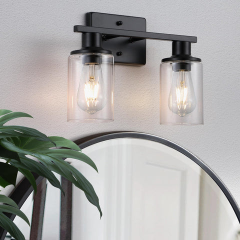 Litaddscen 2-light matte black bathroom vanity light with clear glass shades for modern spaces