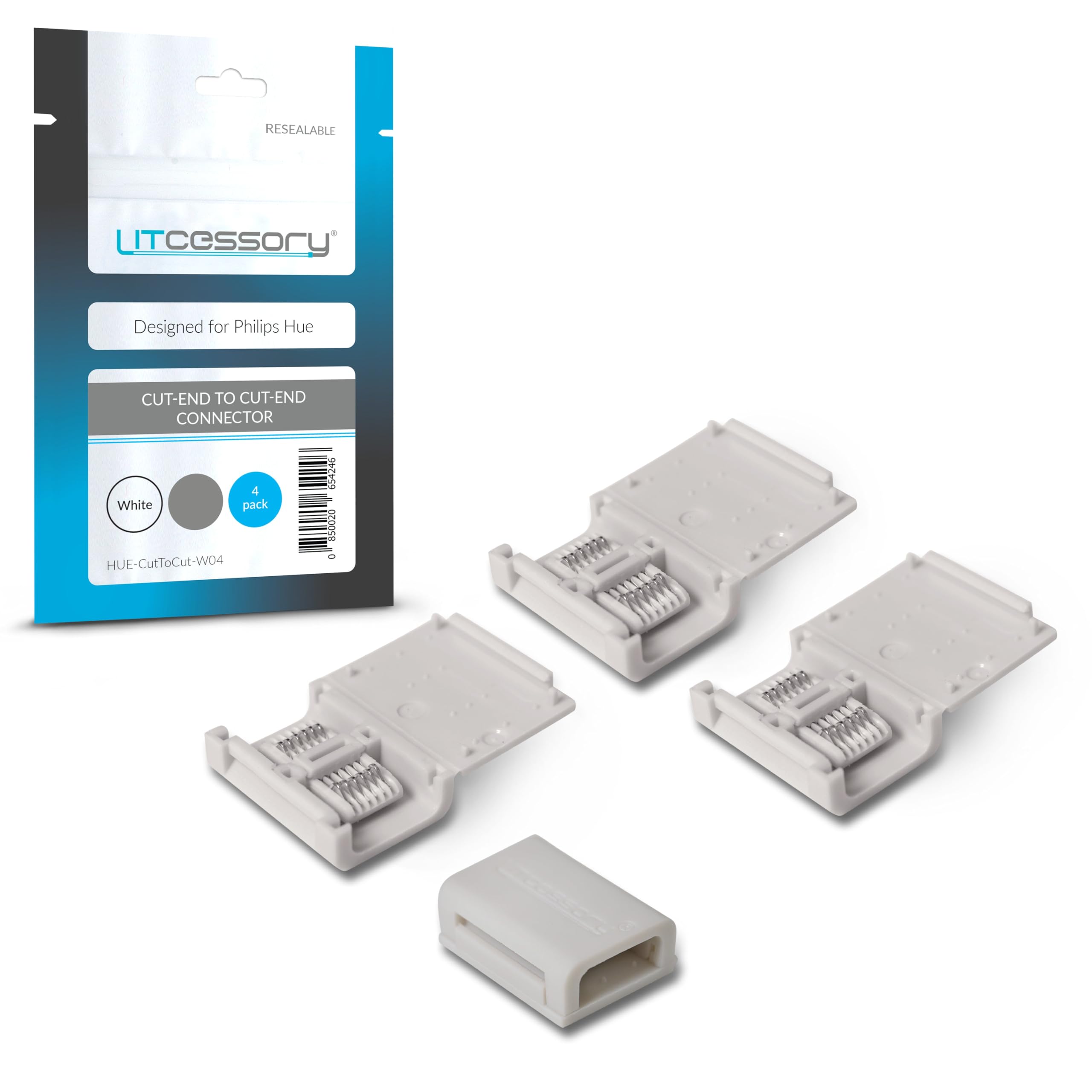 Litcessory cut-end connector pack shot in white for Philips Hue and Solo lightstrips