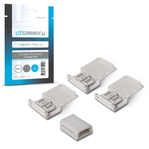 Litcessory cut-end connector pack shot in white for Philips Hue and Solo lightstrips