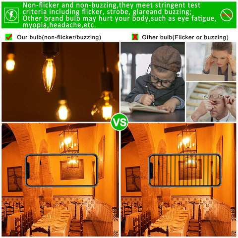 LiteHistory amber CA10 LED bulb with E12 base for chandeliers.