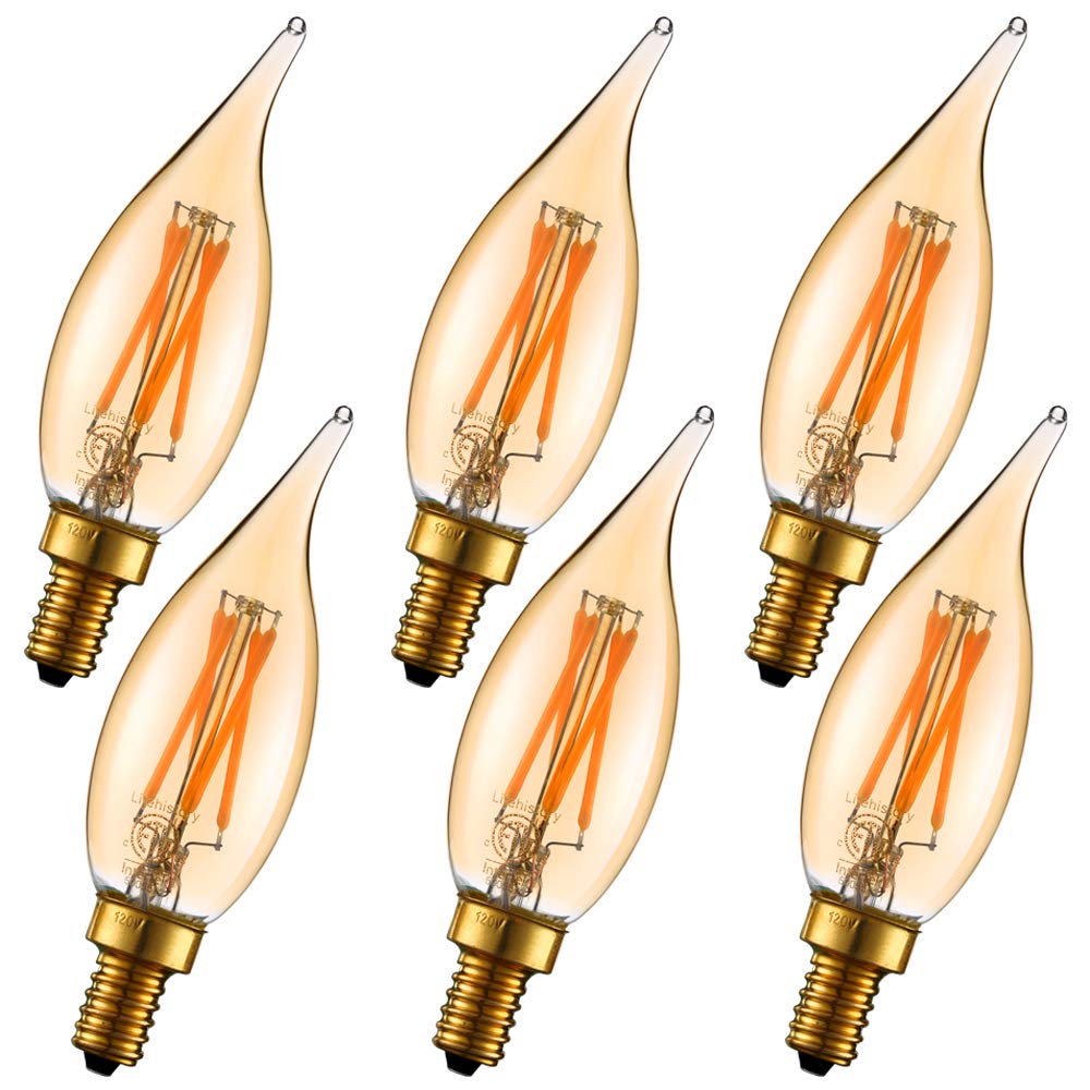 LiteHistory Amber CA10 LED bulb with flame-tip glow for candle-like ambience.
