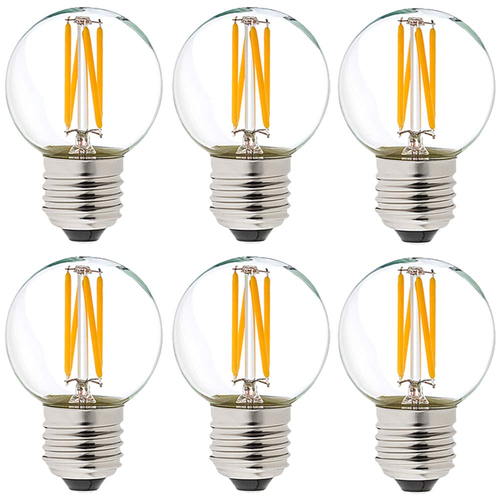 LiteHistory dimmable G165 LED bulb close-up with warm 2700K glow.