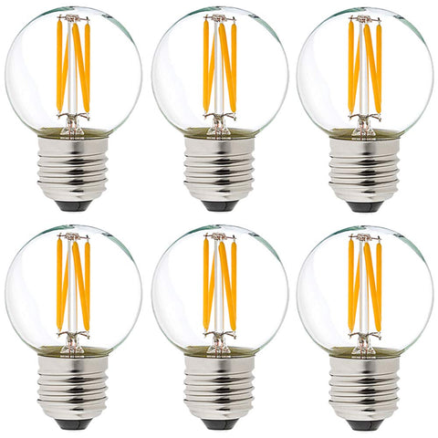 LiteHistory dimmable G165 LED bulb close-up with warm 2700K glow.