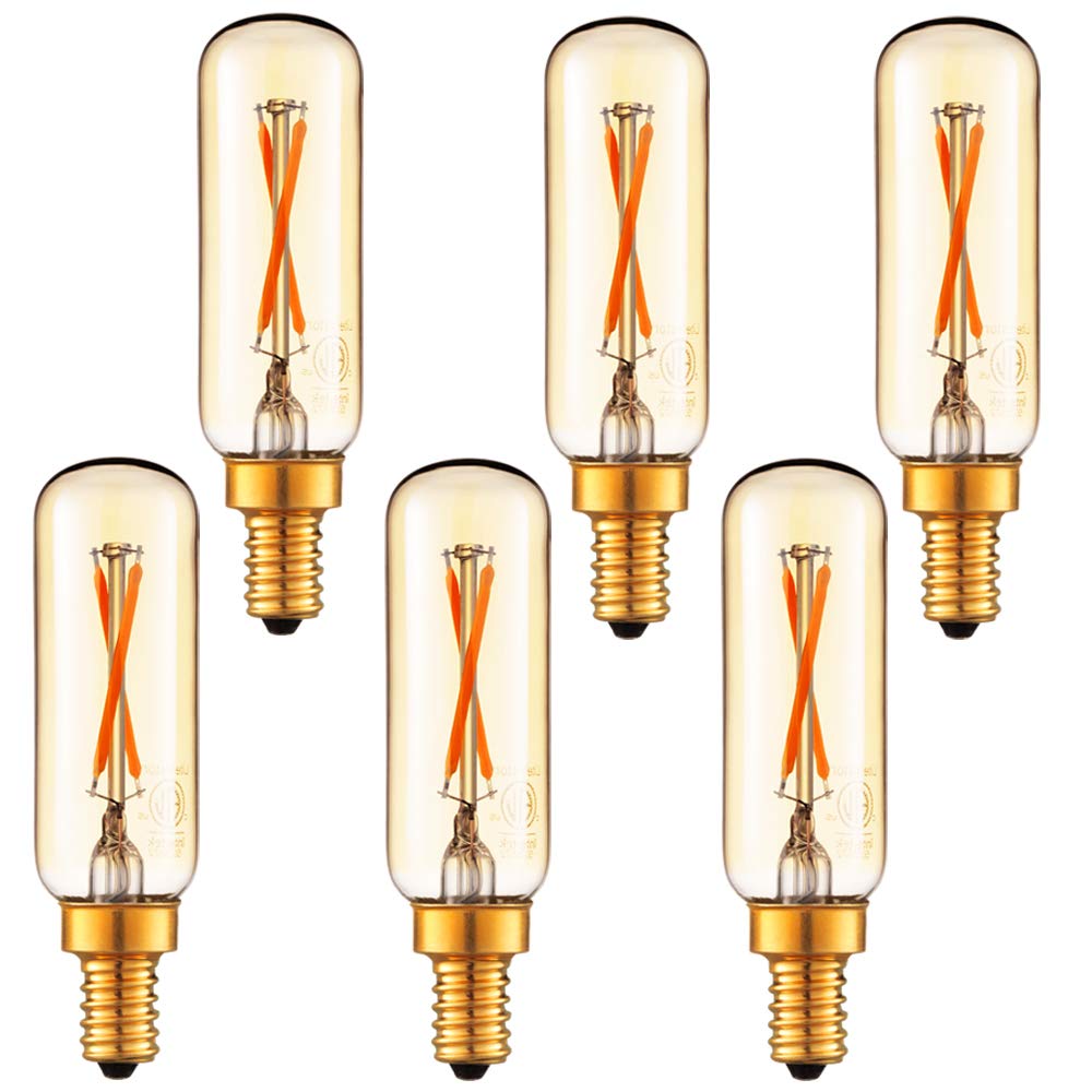 LiteHistory dimmable T6 LED bulb closeup shows amber 2200K warmth for cozy lighting.