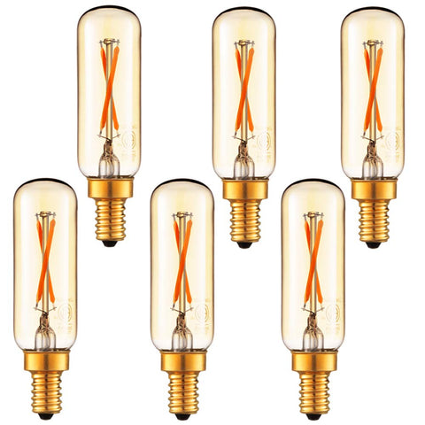 LiteHistory dimmable T6 LED bulb closeup shows amber 2200K warmth for cozy lighting.