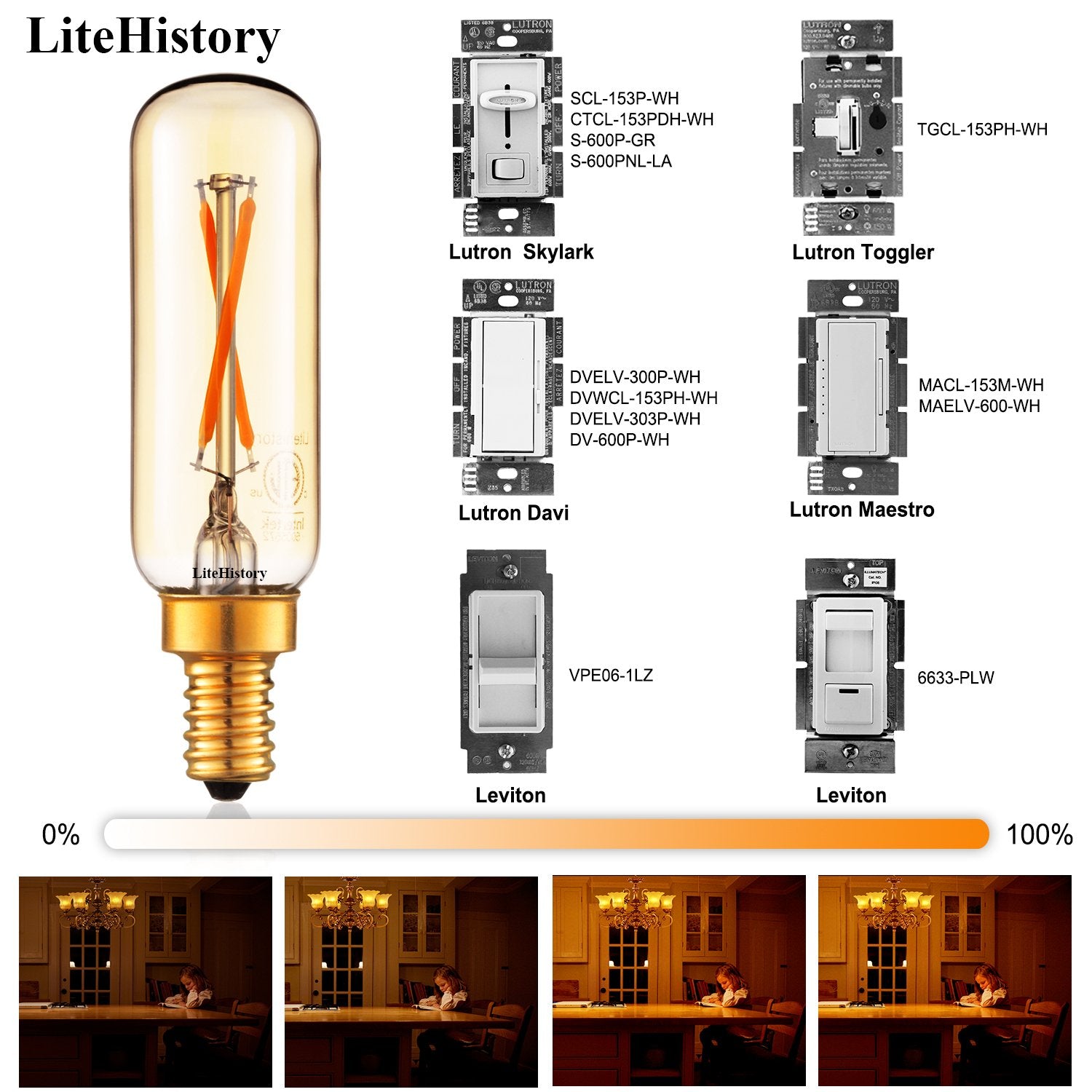 LiteHistory E12 candelabra bulb with dimmer compatibility for smooth, flicker-free dimming in lamps.