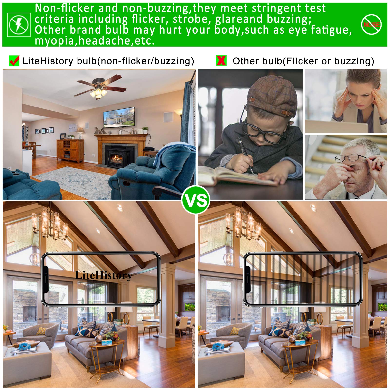 LiteHistory eye-friendly flicker-free LED bulb for comfortable lighting.