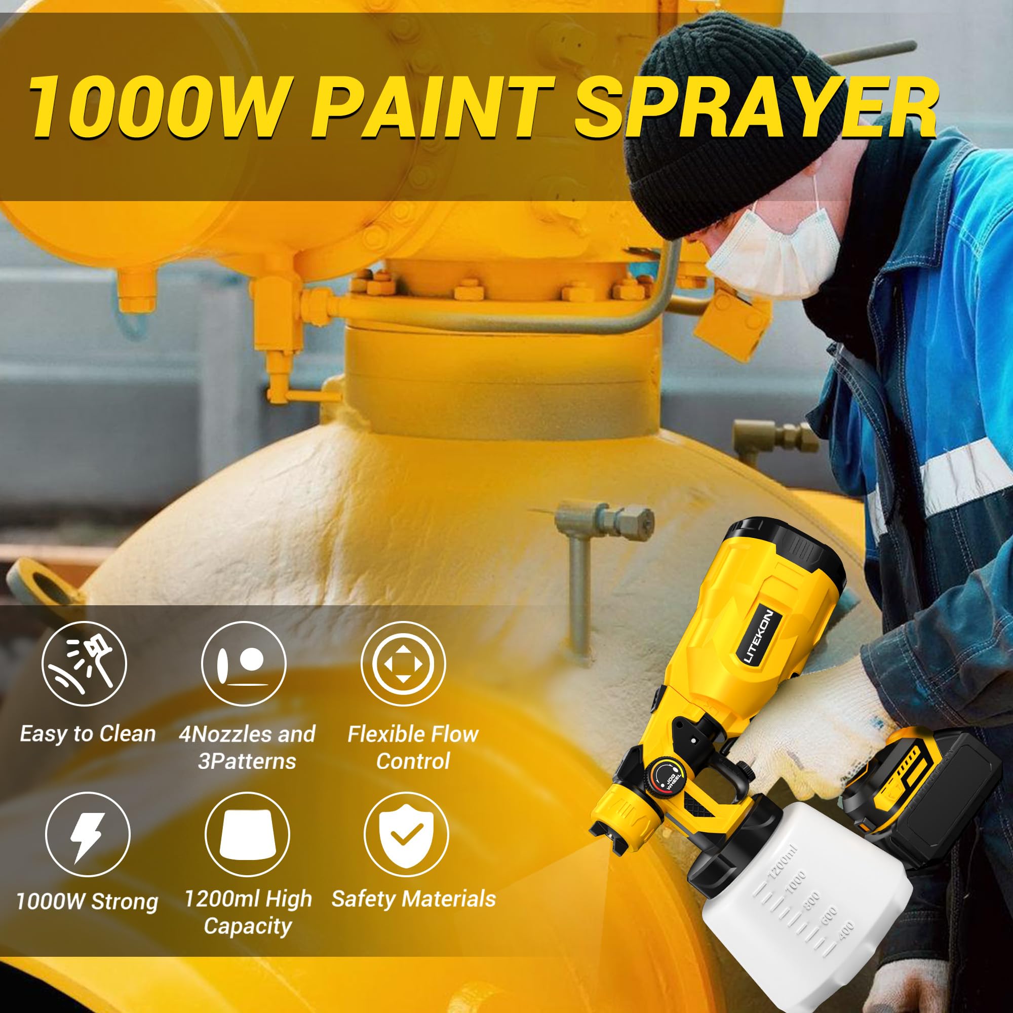 LITEKON sprayer compatible with DE-WALT 20V Max batteries for extended sessions.