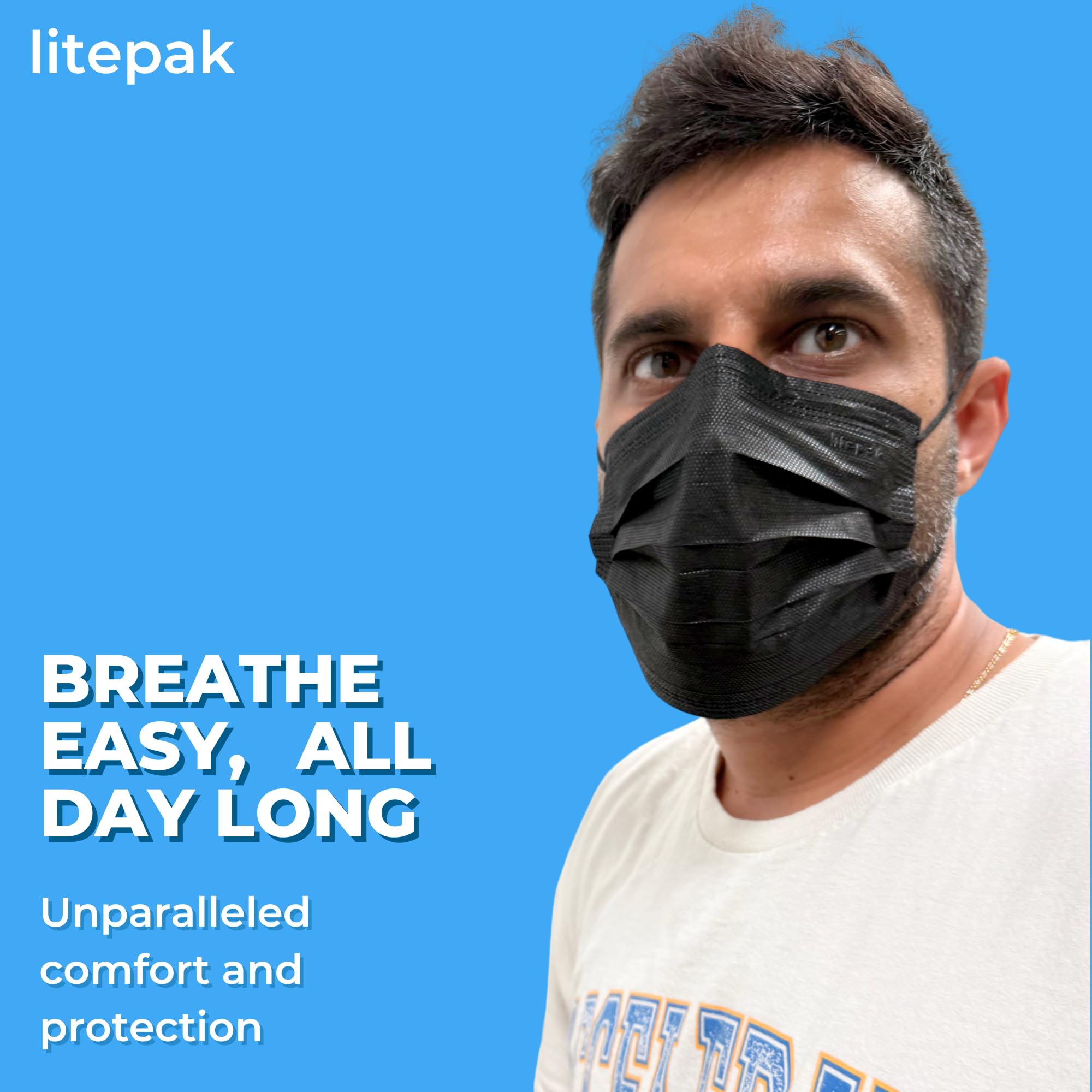 Litepak black earloops ensure secure fit and comfortable hours of use.
