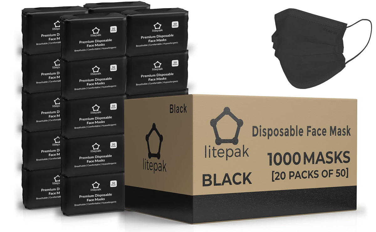 Litepak disposable masks in black, front view, breathable comfort for daily use.