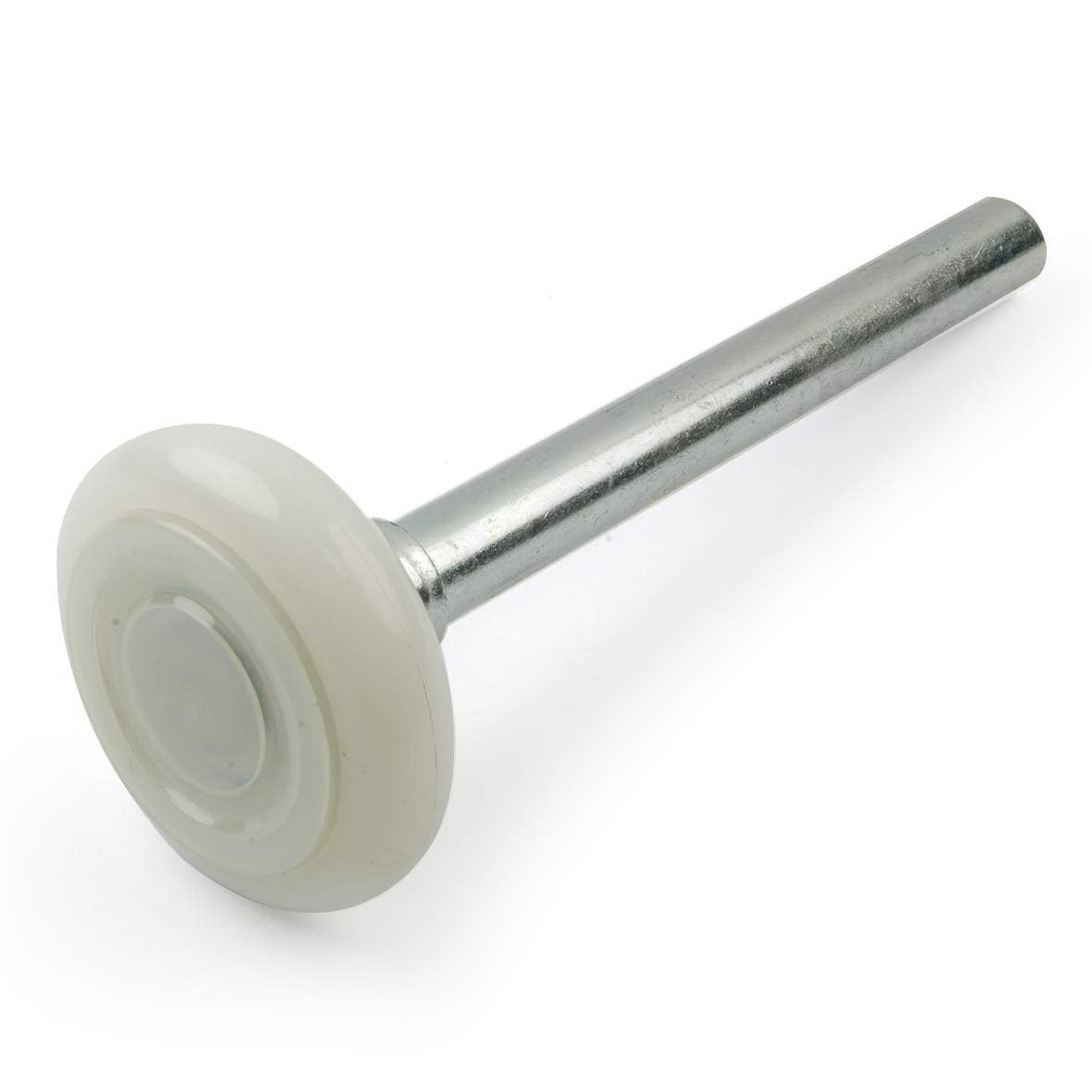 Litepak nylon wheel and steel axle shown from the side for durable, low-noise track movement.