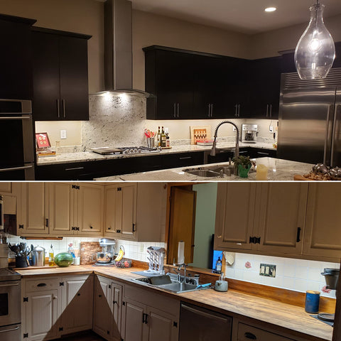 Litever daylight white six-bar setup enhances kitchen prep lighting.