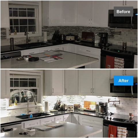 Litever extension cables and 2-way splitter enabling DIY kitchen lighting.