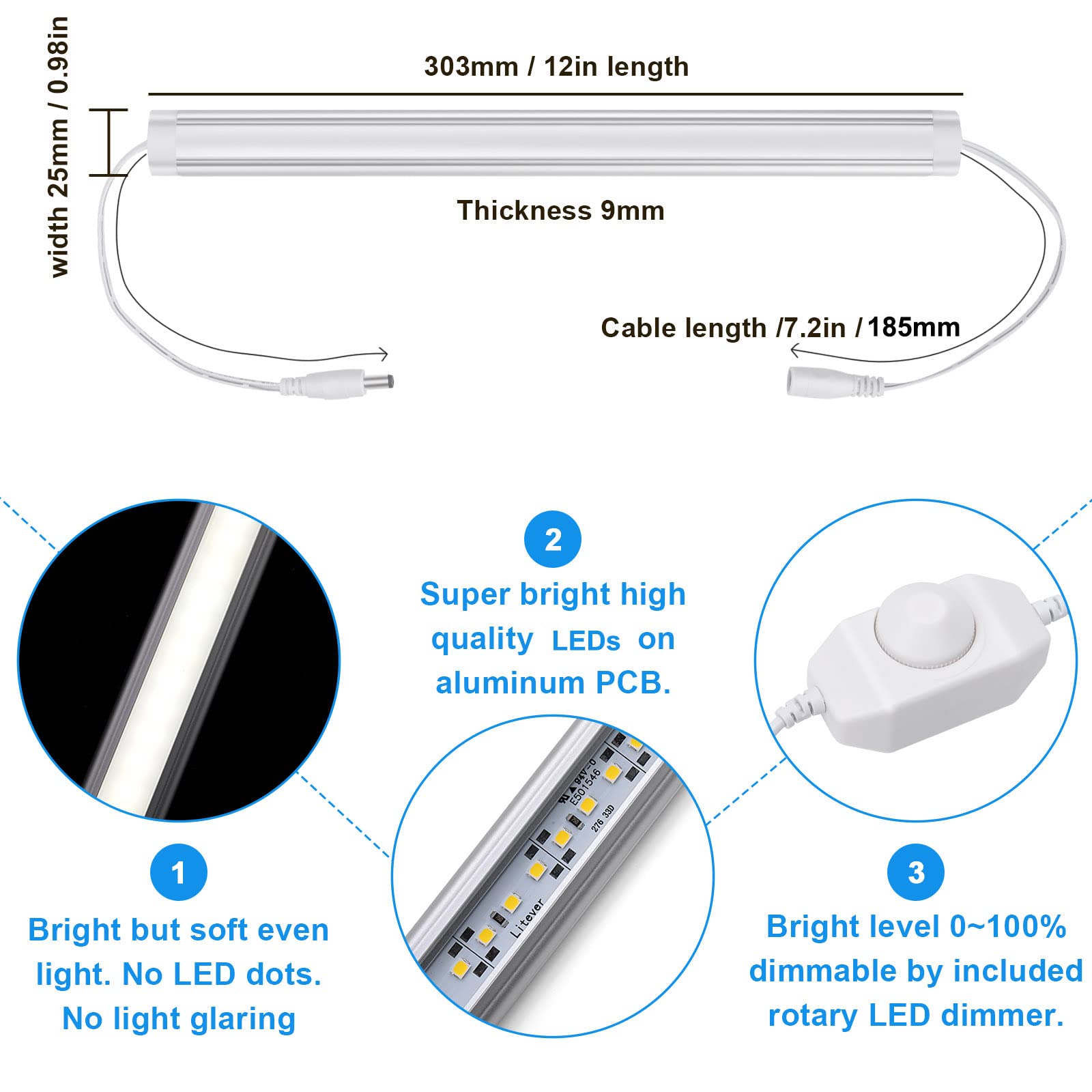 Litever kitchen LED bars close-up highlighting even brightness without dots.