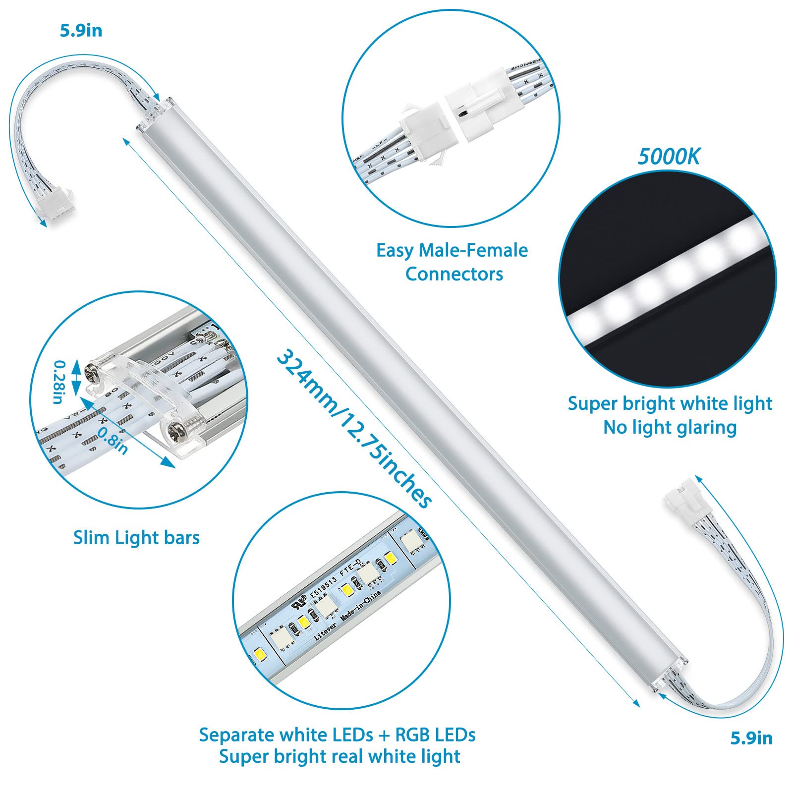 Litever slim LED bars hide neatly under cabinets for clean installation.