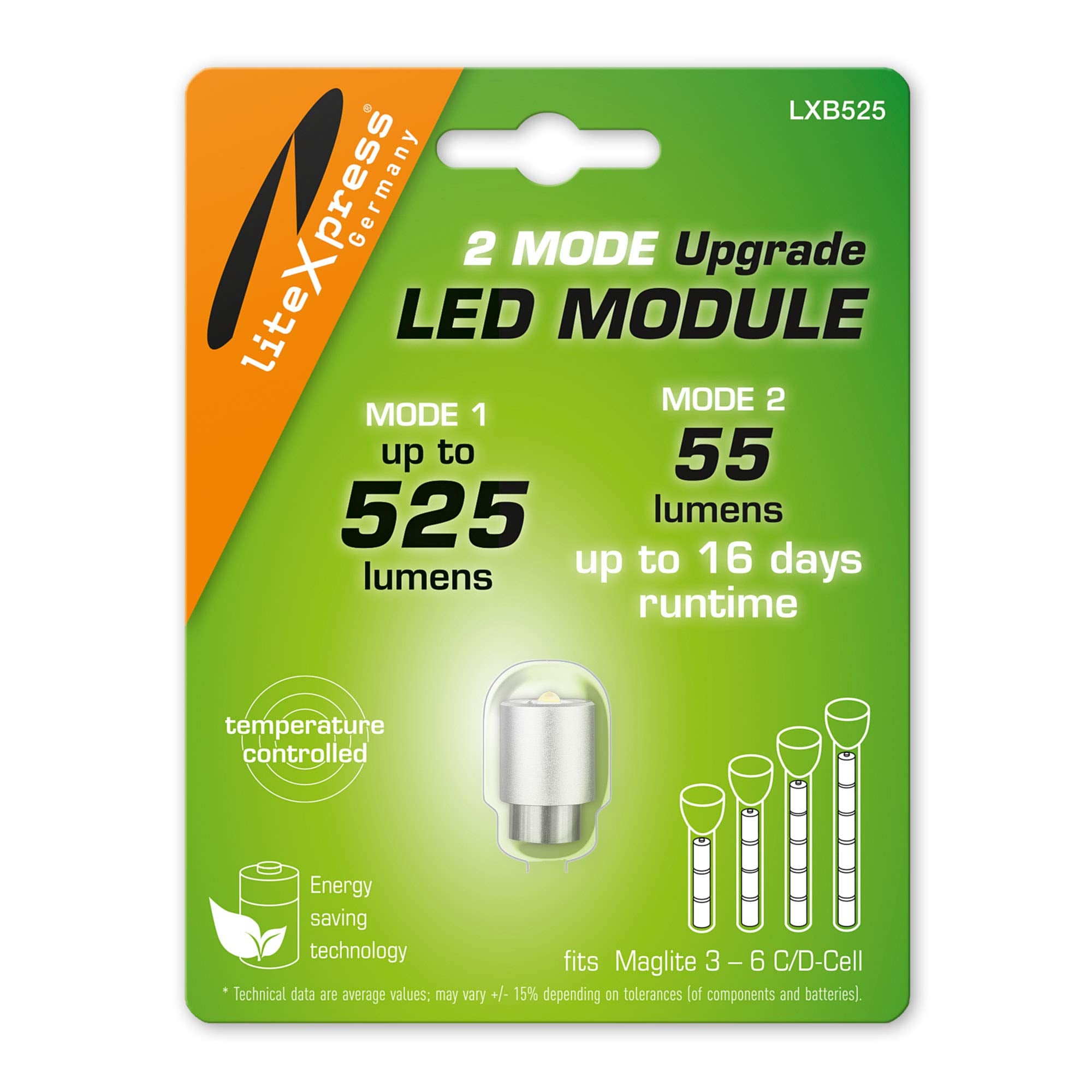 LiteXpress LXB525 upgrade module for Maglite enhances brightness and compatibility.