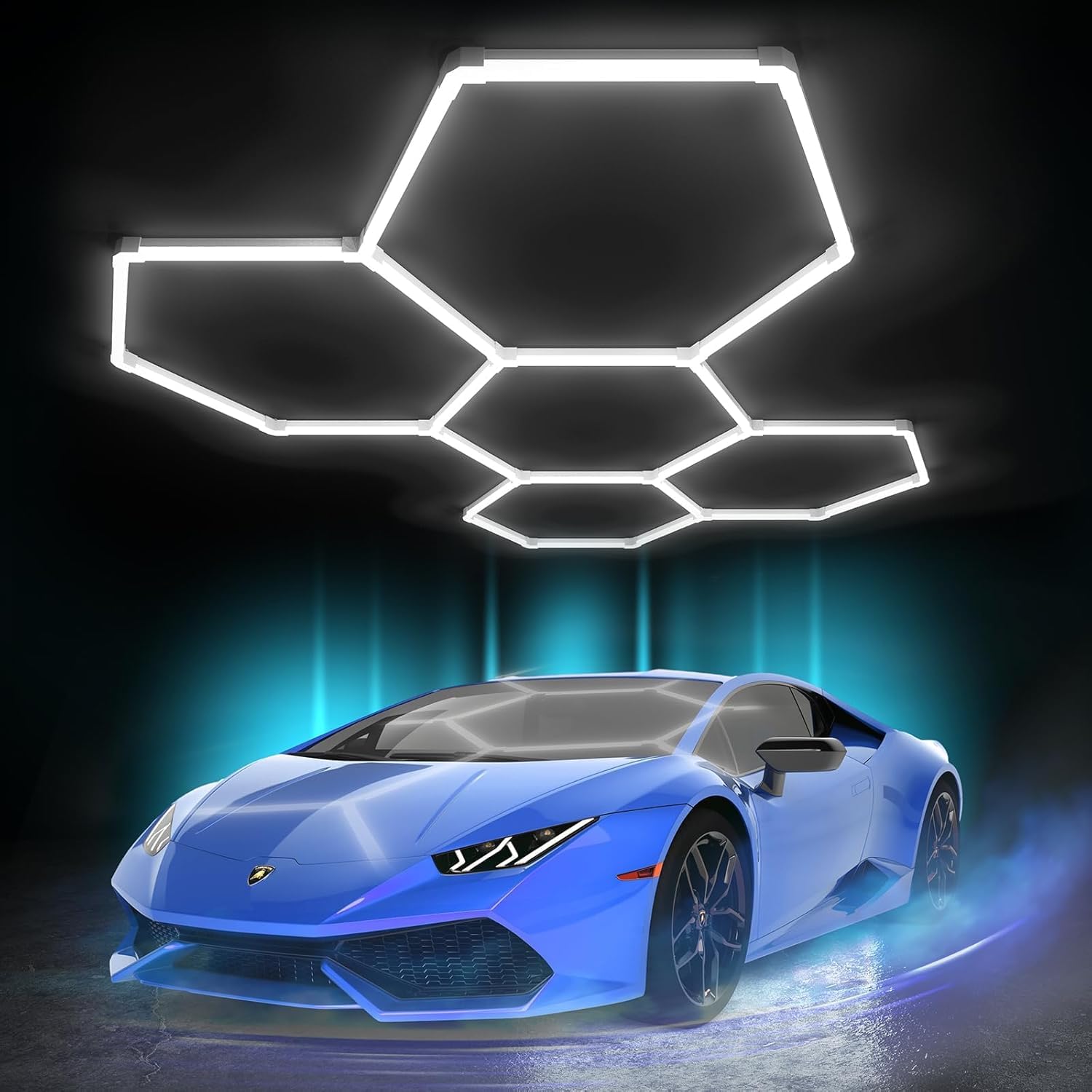 Litezone Hexagon Garage Light in a workshop showing bright, even 6500K illumination.
