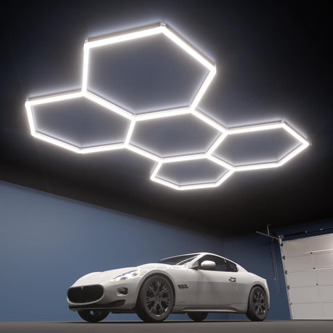 Litezone Hexagon ceiling-mount garage lights provide bright, even daylight for precise detailing.