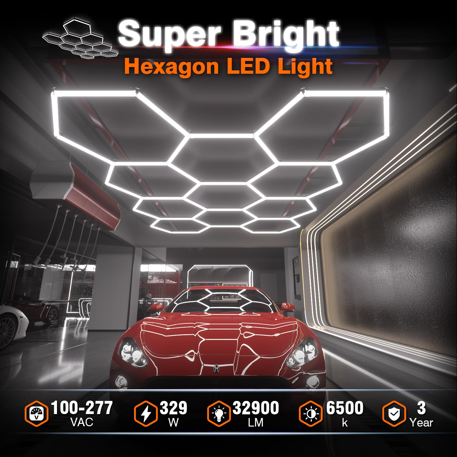Litezone Hexagon Garage Lights dimmed to 60 percent for mid-level lighting