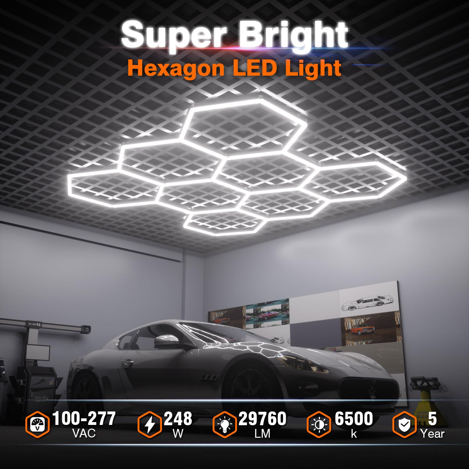 Litezone Hexagon Garage Lights honeycomb design delivering even illumination in shops.