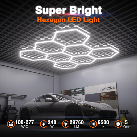 Litezone Hexagon Garage Lights honeycomb design delivering even illumination in shops.