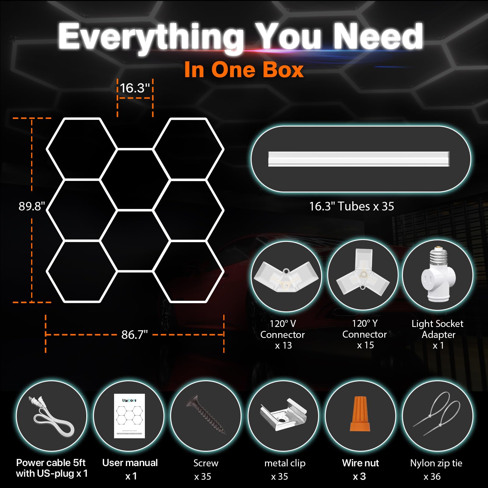 Litezone Hexagon Lighting coverage delivers no shadows in showrooms and gyms.
