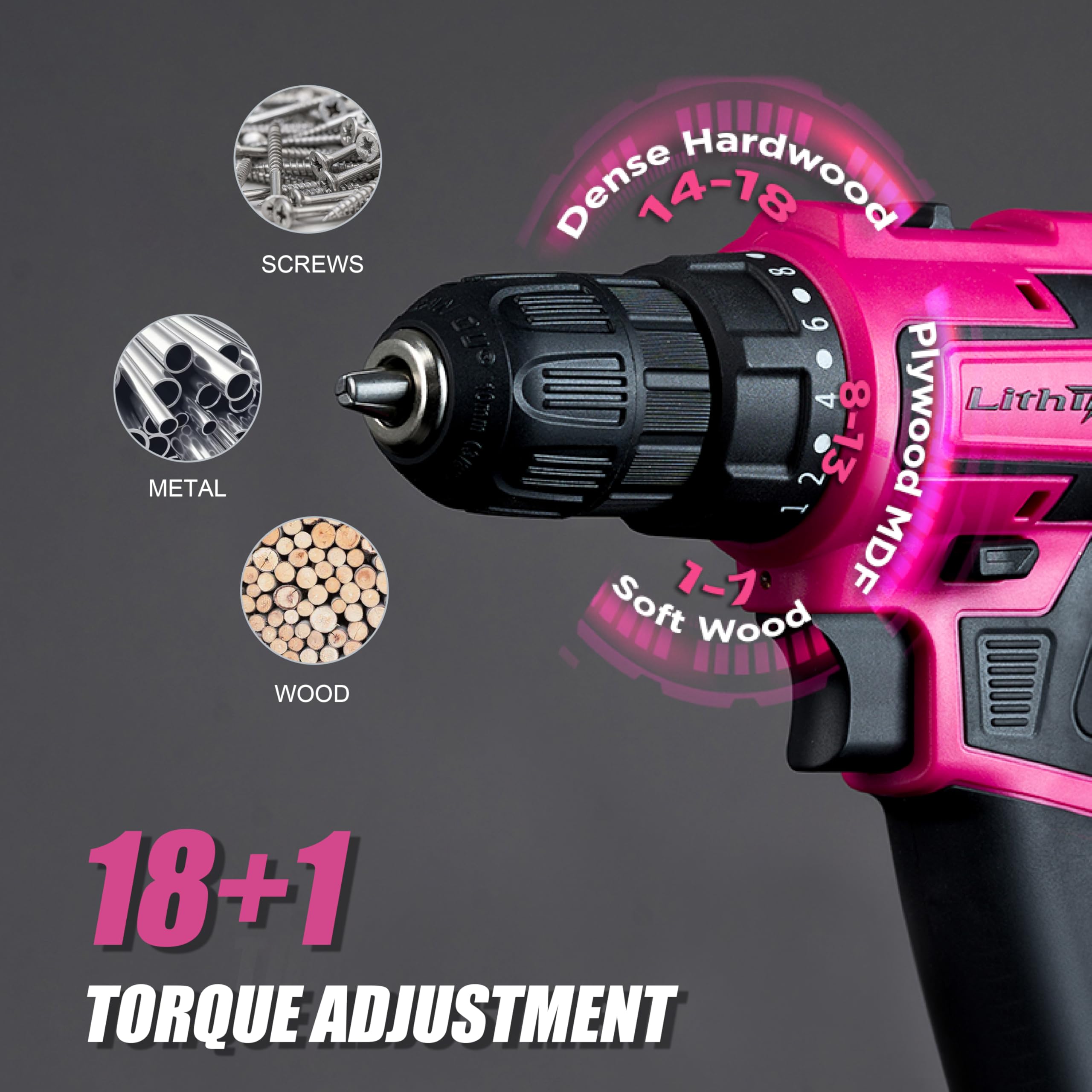 Lithitech pink cordless drill set battery charging image shows extended runtime