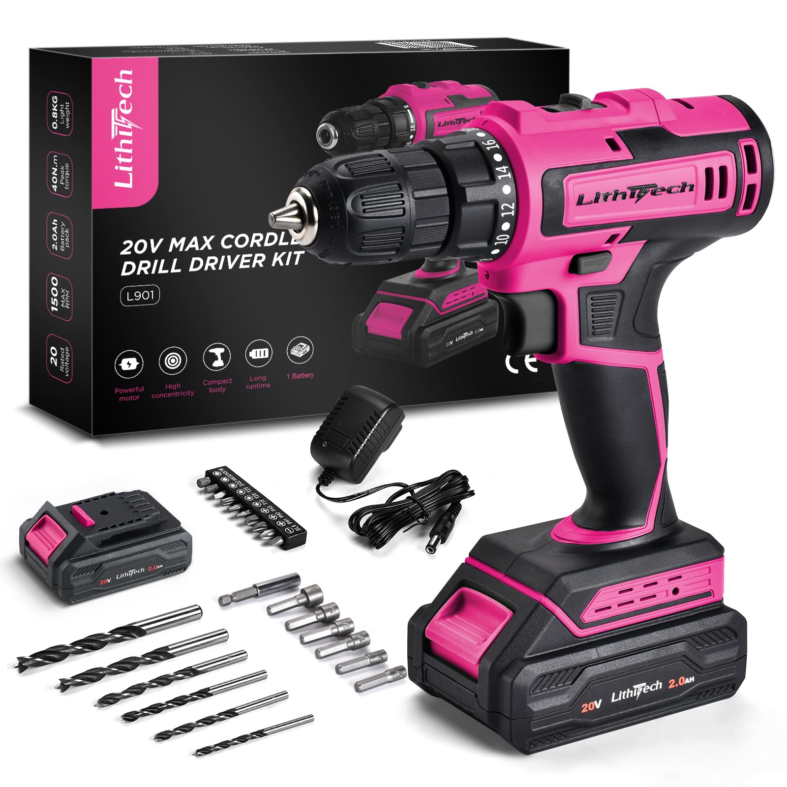 Lithitech pink cordless drill set front view highlights compact design for easy handling