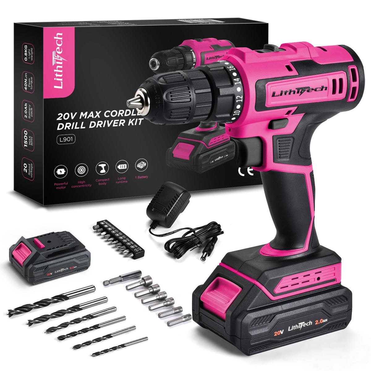 Lithitech pink cordless drill set front view highlights compact design for easy handling