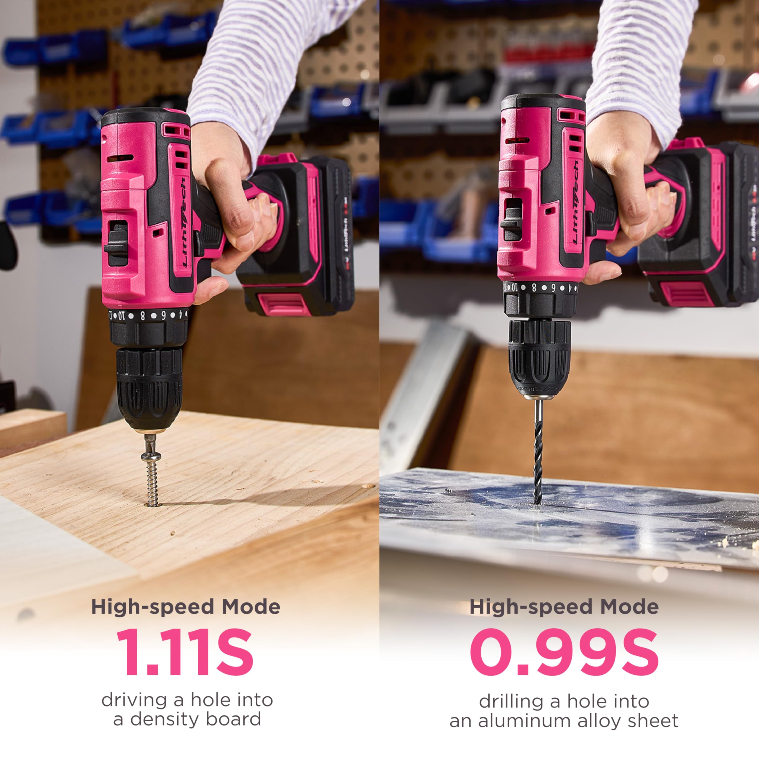 Lithitech pink cordless drill set in use on wood projects for DIY tasks
