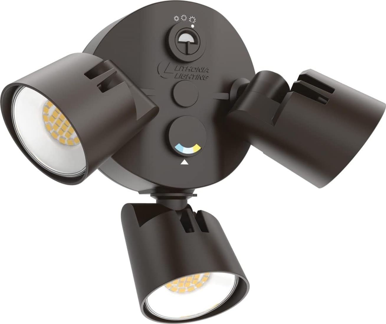 Lithonia HomeGuard 3-head LED flood lights illuminate driveways broadly.