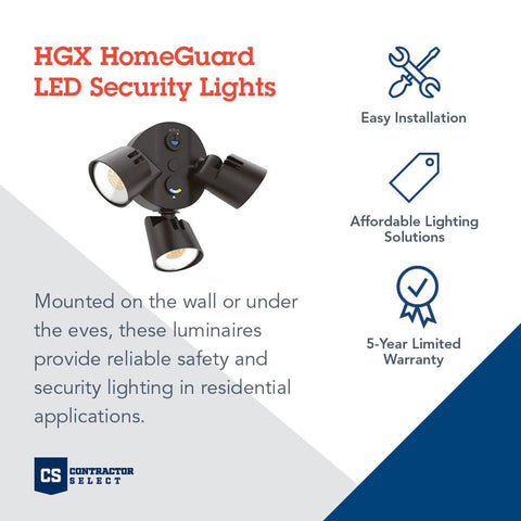 Lithonia HomeGuard dusk-to-dawn sensor activates automatically for outdoor security.