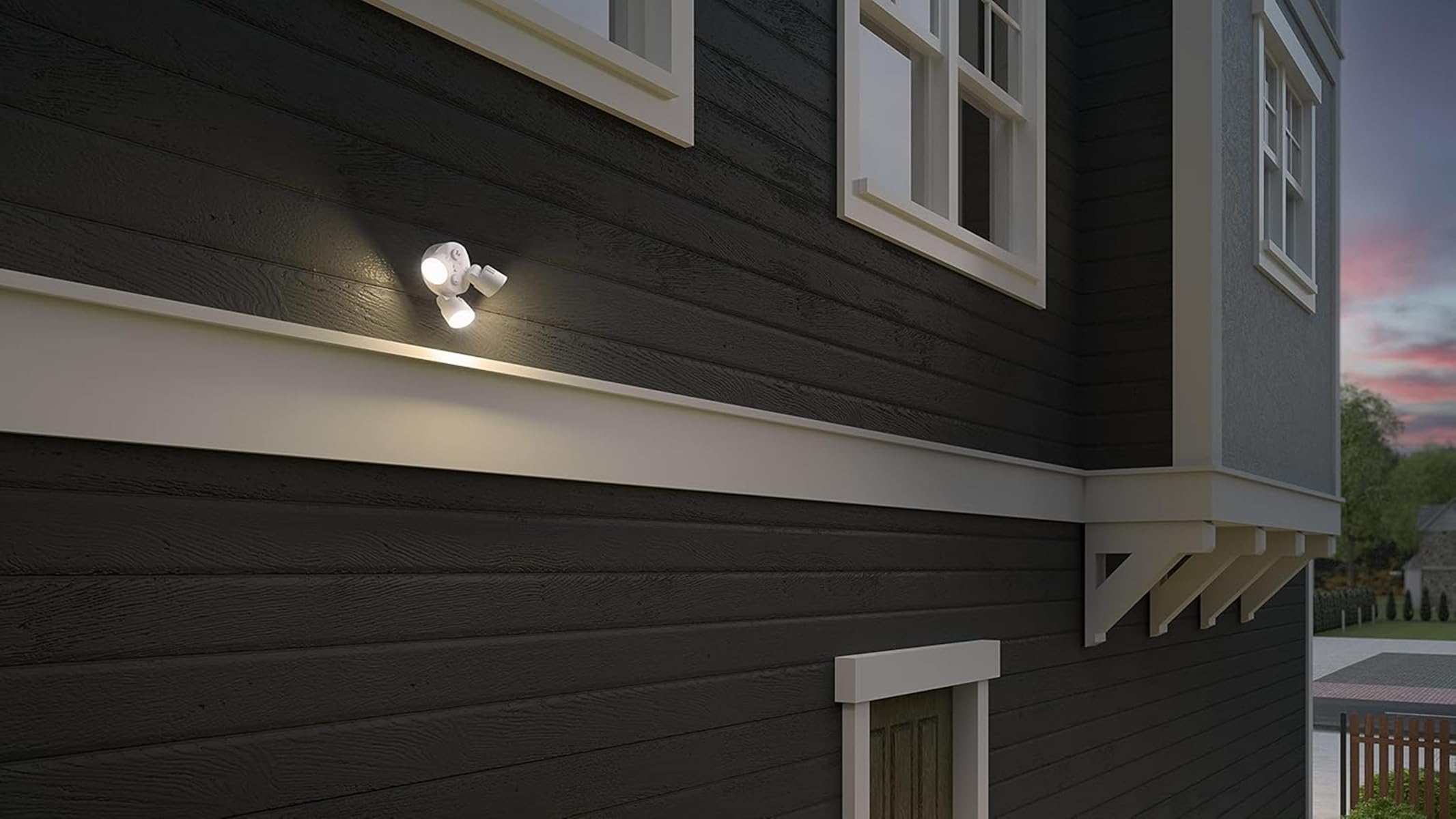 Lithonia HomeGuard mounts to wall or eave with standard hardware.